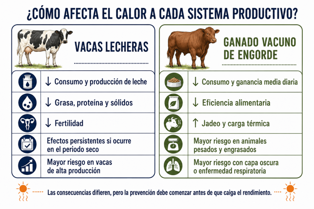 Comparación del estrés por calor en vacas lecheras y ganado vacuno de engorde 
