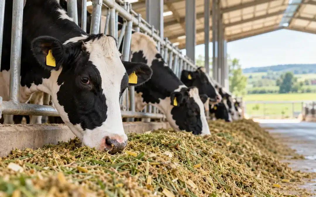Vacas lecheras Holstein consumiendo una ración mezclada en el comedero.