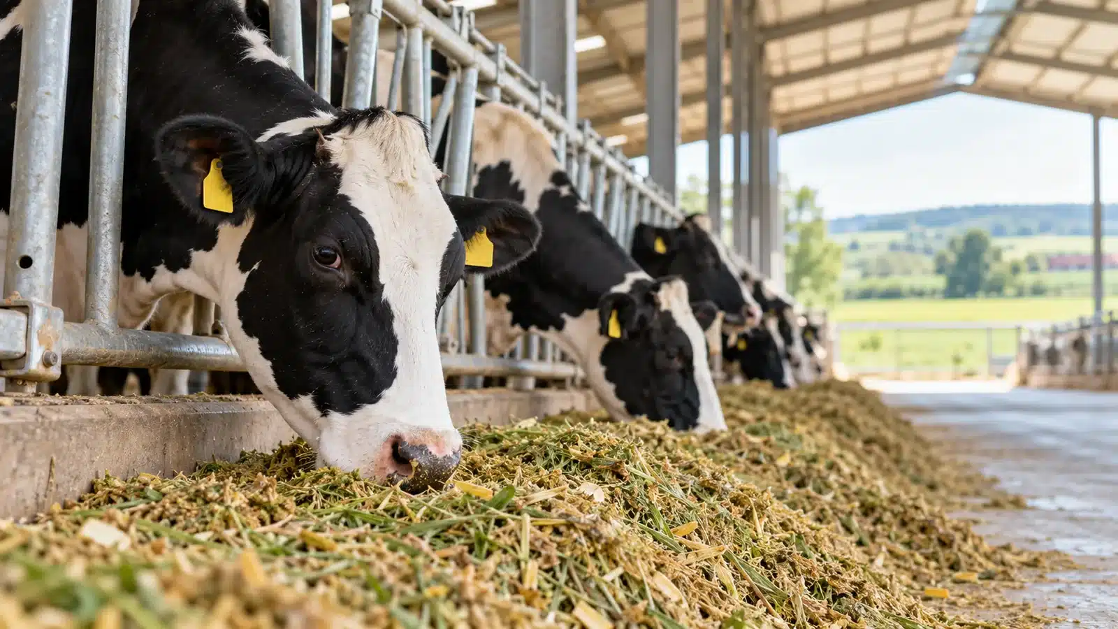 bovacillus-digestibilidad-eficiencia-vacuno-lechero Vacas lecheras Holstein consumiendo una ración mezclada en el comedero.
